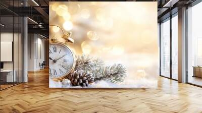 christmas background with vintage alarm clock Wall mural