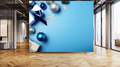 Christmas composition flat top view. Background gift boxes and Christmas decorative ornaments. Merry christmas and a happy new year. Holiday banner and poster. Clean space for text Wall mural