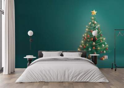 Christmas green tree on a dark green background. Happy New Year Wall mural