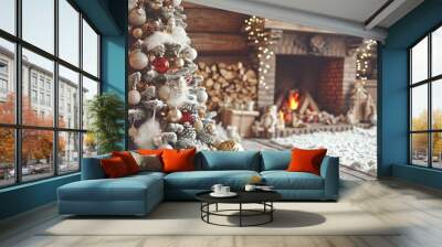 Christmas Interior of festive living room with fireplace. Christmas socks with gifts on fireplace in living room. Festive New Year magic background Wall mural