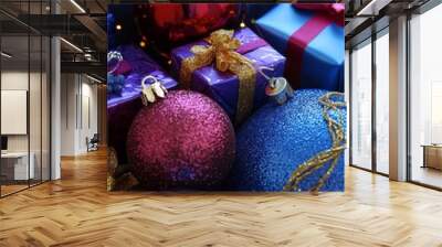 Christmas New Year background with decorative ornament balls. Festive Xmas composition with decoration bauble Wall mural