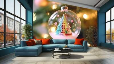 Christmas ornaments xmas Ball hanging on the branches of a Christmas tree On Winter. Background Merry christmas and a happy new year. Holiday banner and poster. Christmas poster and banner Wall mural