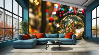 Christmas transparent snowball. Holiday Christmas background with elegant festive snowy glass ball. Happy New Year and Merry Christmas. Xmas snow globe Wall mural