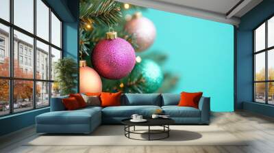 Christmas tree decorated. A vibrant Christmas tree adorned with multicolored lights and baubles, glowing against a soft green background Wall mural