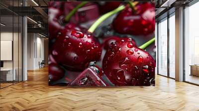 Close-up of wet cherries with water droplets, emphasizing their freshness and vibrant red color. Wall mural