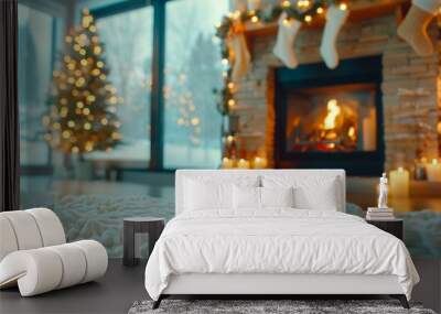 Cozy fireplace with festive Christmas tree Wall mural