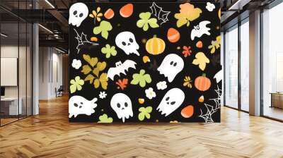 Cute ghostly pattern with pumpkins, ghosts, bats, and leaves on a black background, ideal for fun Halloween designs. Wall mural