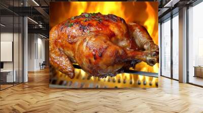 Deliciously roasted whole chicken on a rotisserie, perfectly golden and seasoned, with flames in the background, creating a mouthwatering and fiery ambiance. Wall mural