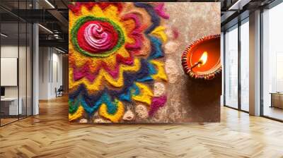 Diwali diya oil lamps with beautiful bright Indian pattern of colors holiday background. Creating a festive and decorative composition. Wall mural