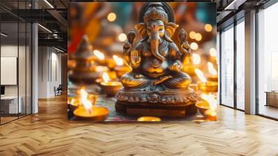 Diwali diya oil lamps with flowers and statue of GANESHA in a meditative pose and holiday background. Creating a festive and decorative composition. Wall mural