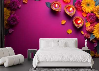 Diwali diya oil lamps with flowers holiday background. Creating a festive and decorative composition. Wall mural