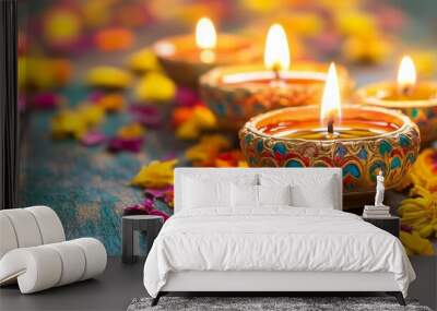 Diwali diya oil lamps with flowers holiday background. Creating a festive and decorative composition. Wall mural