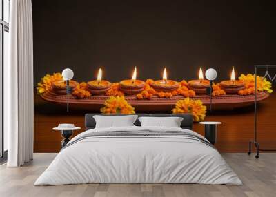 Diwali diya oil lamps with flowers holiday background. Creating a festive and decorative composition. Wall mural