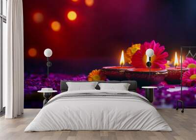 Diwali diya oil lamps with flowers holiday background. Creating a festive and decorative composition. Wall mural