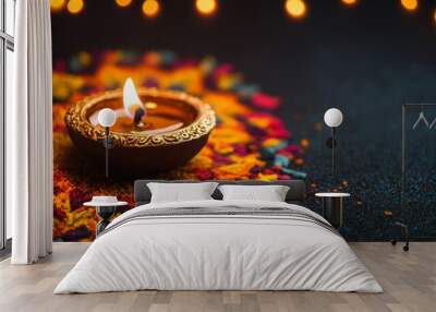 Diwali diya oil lamps with flowers holiday background. Creating a festive and decorative composition. Wall mural