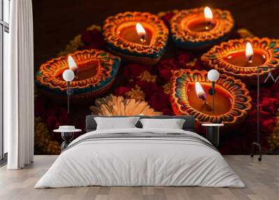 Diwali diya oil lamps with flowers holiday background. Creating a festive and decorative composition. Wall mural