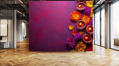 Diwali diya oil lamps with flowers holiday background. Creating a festive and decorative composition. Wall mural