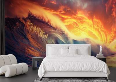 Dramatic ocean wave captured during a fiery sunset, with intense colors and dynamic motion Wall mural