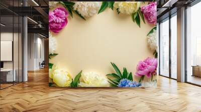 Elegant floral border with vibrant flowers lush greenery on light background. Ideal for decorative designs wedding invitations or romantic designs valentines day, mother's day, women's day Wall mural