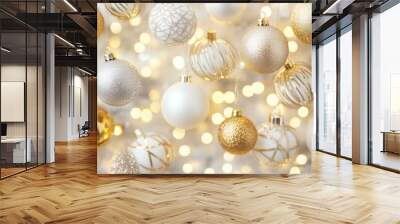 Elegant white and gold Christmas ornaments with intricate designs on a reflective surface. Wall mural