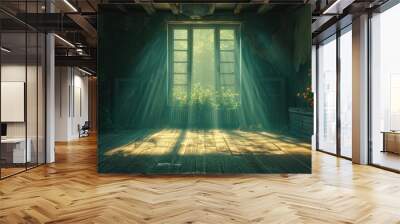 Empty abandoned room with light shining from the window. Empty living room with sunlight shine, wooden floor, dark wall. Renovate, Old house. Old room without renovation Wall mural