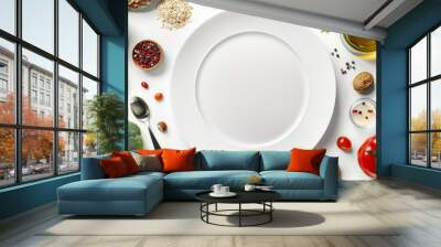 empty white plate around fresh vegetables and different spices oil Wall mural