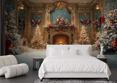 Festive Christmas fireplace Winter and Christmas holidays background Wall mural