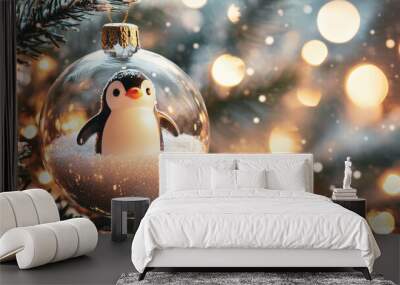 Festive Christmas tree ornament featuring a cheerful penguin black white inside a glass bauble with a snowy pine tree backdrop, glowing warmly against a blurred, illuminated background. Wall mural