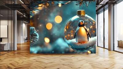 Festive Christmas tree ornament featuring a cheerful penguin black white inside a glass bauble with a snowy pine tree backdrop, glowing warmly against a blurred, illuminated background. Wall mural