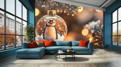 Festive Christmas tree ornament featuring a cheerful penguin black white inside a glass bauble with a snowy pine tree backdrop, glowing warmly against a blurred, illuminated background. Wall mural