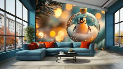 Festive Christmas tree ornament featuring a cheerful penguin black white inside a glass bauble with a snowy pine tree backdrop, glowing warmly against a blurred, illuminated background. Wall mural