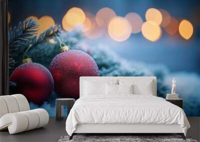 Festive Christmas tree with decorations with glittery baubles, frosted evergreen branches, illuminated by warm lights on a blur background. Merry Christmas banner and poster Wall mural