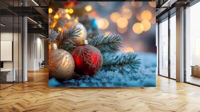 Festive Christmas tree with decorations with glittery baubles, frosted evergreen branches, illuminated by warm lights on a blur background. Merry Christmas banner and poster Wall mural