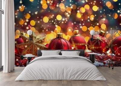 Glittering red and gold Christmas baubles on snow-covered pine branches with warm string lights, creating a festive atmosphere Wall mural