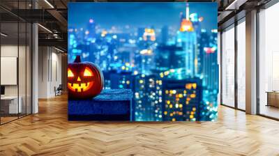 Glowing jack-o'-lantern with a cheerful face sits on a ledge overlooking a vibrant city skyline at night, creating a festive Halloween contrast with urban lights. Wall mural