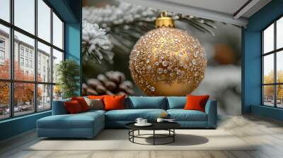 Golden Christmas ball hanging on tree Wall mural