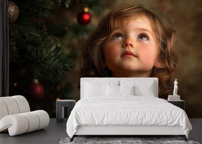 little girl look mysteriously up near the Christmas tree Wall mural