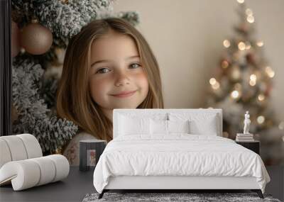 Little girl stands against the backdrop of decorated Christmas tree. happy girl stands at Christmas tree decorated with bright decorations during holiday season, smiling sweetly, Wall mural