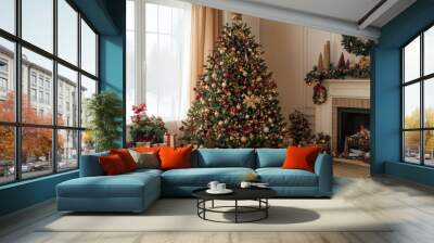 Luxurious Christmas tree decorated with gold and red ornaments, standing by a warm fireplace surrounded by gifts, creating a festive and cozy holiday atmosphere. Wall mural