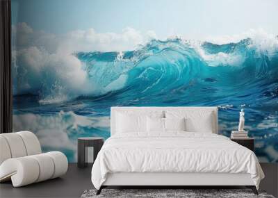 Ocean wave crashing with clear blue water and a bright sky, capturing the power and beauty of the sea. Perfect for nature and marine themes. Wall mural