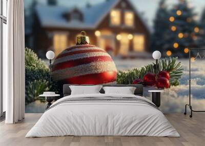 Red Christmas ornament on snow-covered pine branch, cozy house in background with warm lights. Wall mural