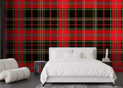 Rich green and red tartan fabric, showcasing a traditional plaid pattern. The material's textured weave and vibrant colors make it ideal for holiday-themed projects and cozy apparel Wall mural