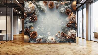 Snow-covered pine branches with golden ornaments and pinecones arranged on a snowy surface for a winter holiday display Wall mural