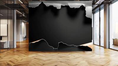 Top view of black torn paper revealing a black background, creating a dramatic contrast. Ideal for announcements, promotions, and advertisements requiring a bold visual impact Wall mural