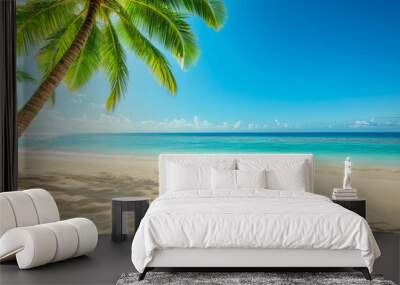 Tropical sea beach scene with clear turquoise water, white sandy shore and palm trees under a bright blue sky on a sunny day Wall mural