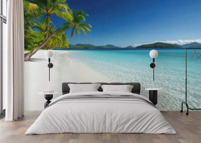 Tropical sea beach scene with clear turquoise water, white sandy shore and palm trees under a bright blue sky on a sunny day Wall mural