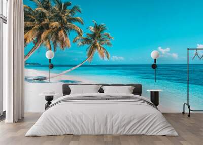 Tropical sea beach scene with clear turquoise water, white sandy shore and palm trees under a bright blue sky on a sunny day Wall mural