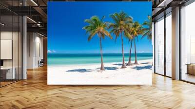 Tropical sea beach scene with clear turquoise water, white sandy shore and palm trees under a bright blue sky on a sunny day Wall mural