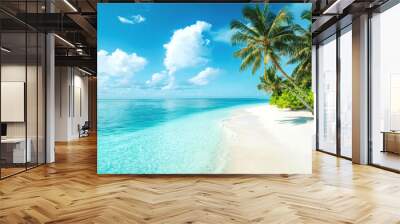 Tropical sea beach scene with clear turquoise water, white sandy shore and palm trees under a bright blue sky on a sunny day Wall mural