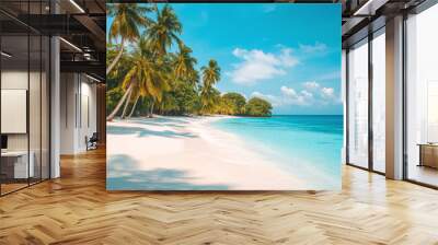 Tropical sea beach scene with clear turquoise water, white sandy shore and palm trees under a bright blue sky on a sunny day Wall mural